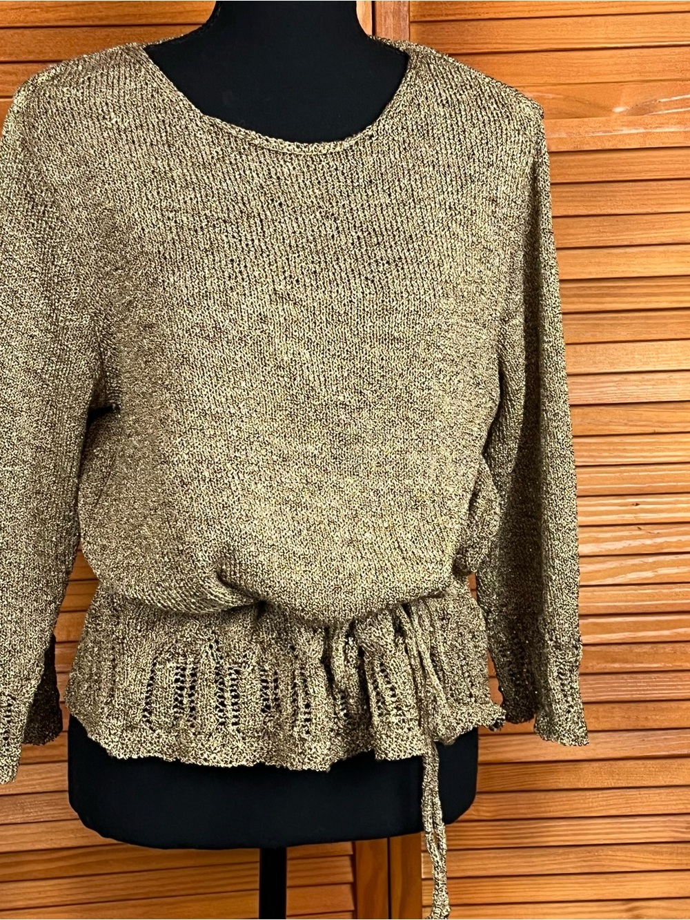 Parkhurst Metallic Gold Scoop Neck Knit Sweater with Ruffle Hem
